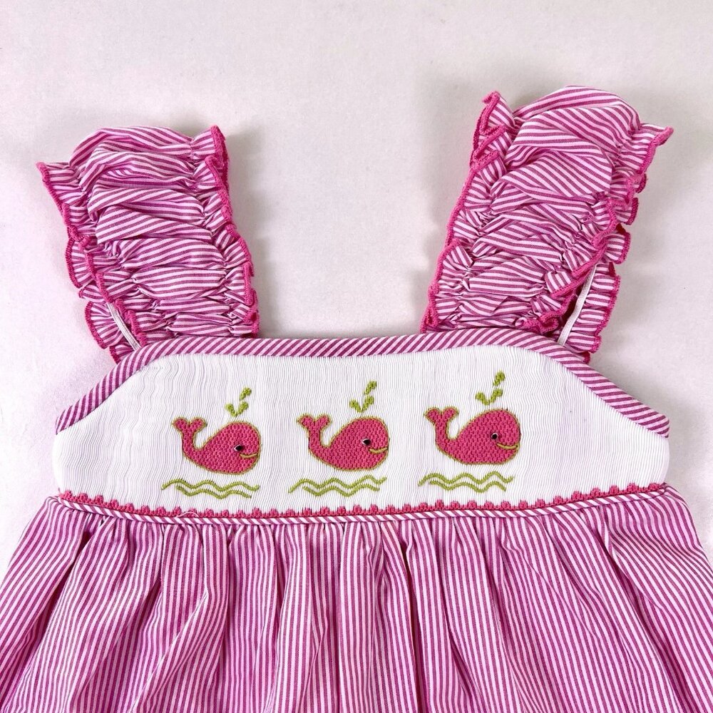 Banana Split Girls 5T Smocked Whales Pink White Striped Dress Summer Cottagecore